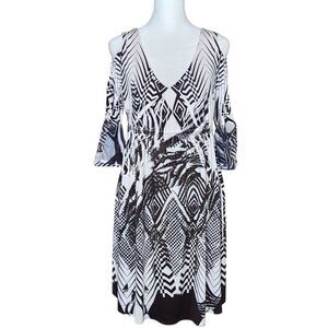 S-Twelve Cold Shoulder Rhinestone Embellished Dress 3/4 Sleeve Black White Large